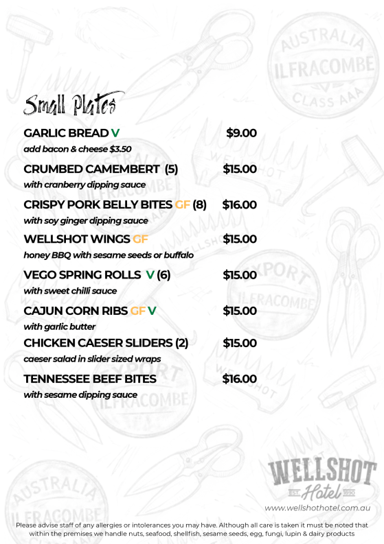 Menu, Wellshot Hotel