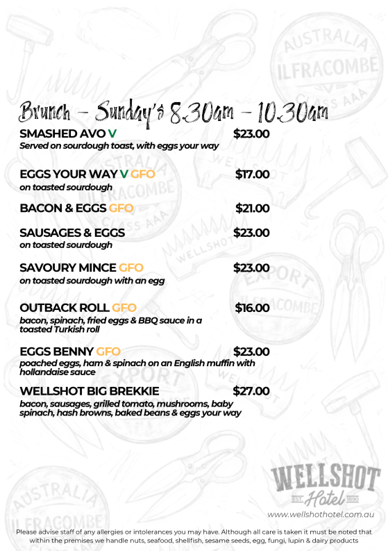 Menu, Wellshot Hotel
