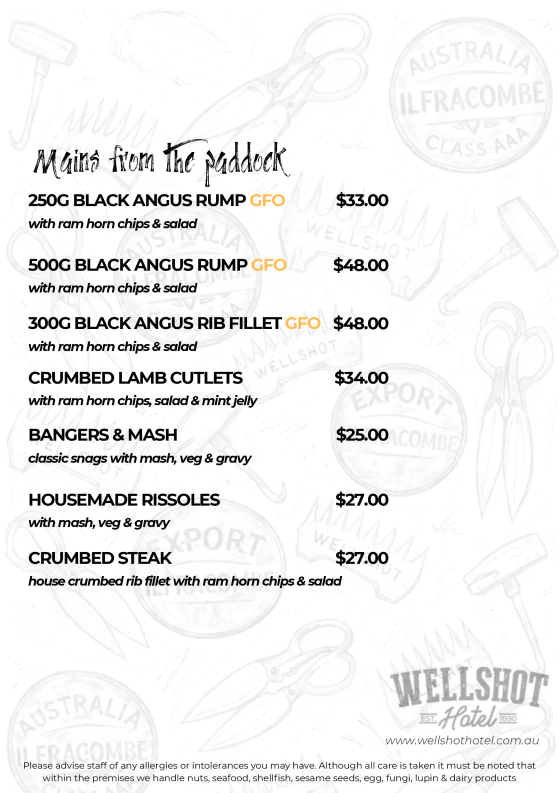 Menu, Wellshot Hotel