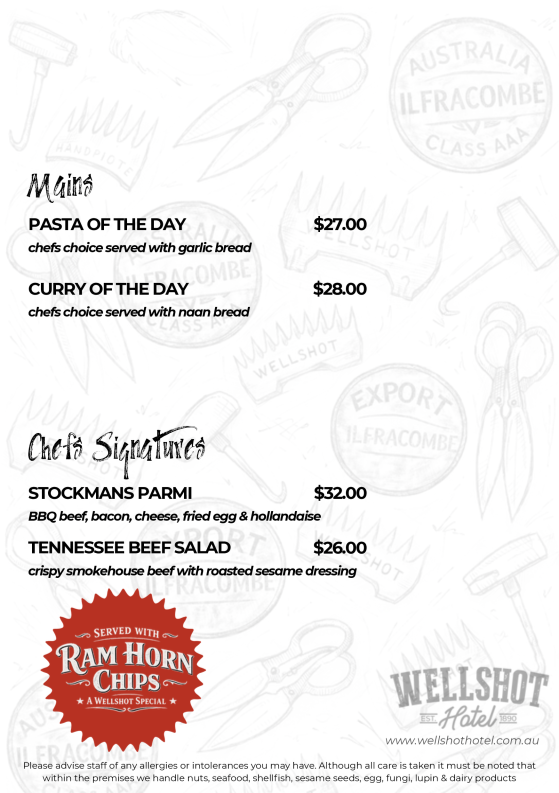 Menu, Wellshot Hotel