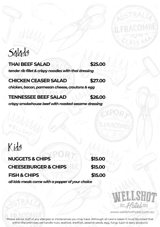 Menu, Wellshot Hotel