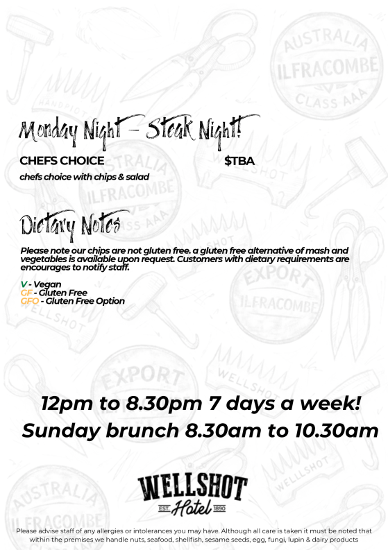 Menu, Wellshot Hotel