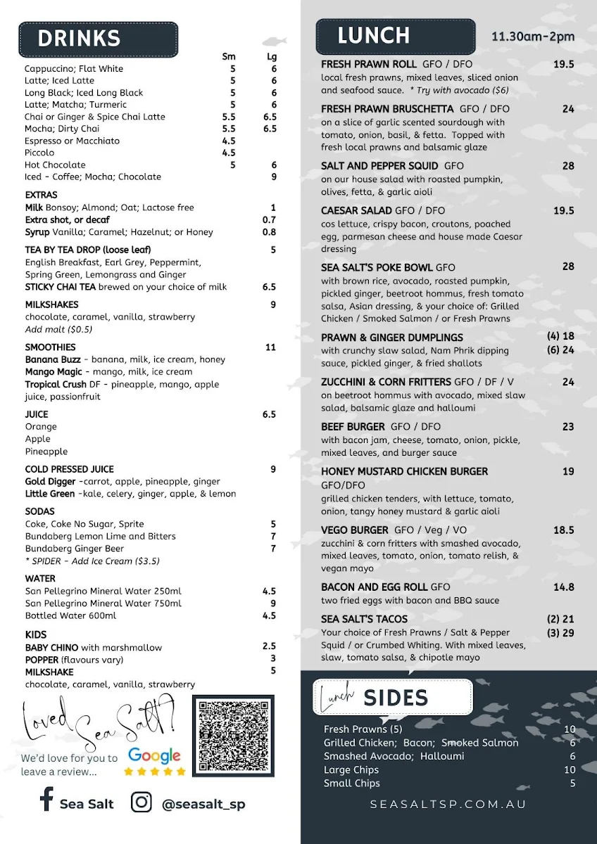 Menu, Sea Salt Soldiers Point