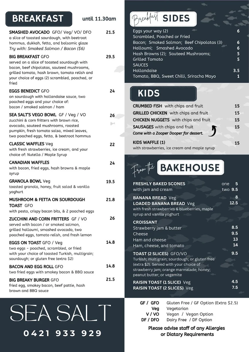 Menu, Sea Salt Soldiers Point