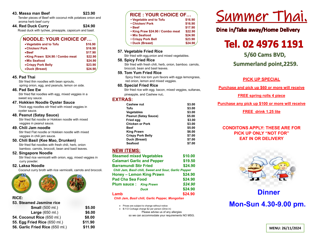 Menu, Summer Thai