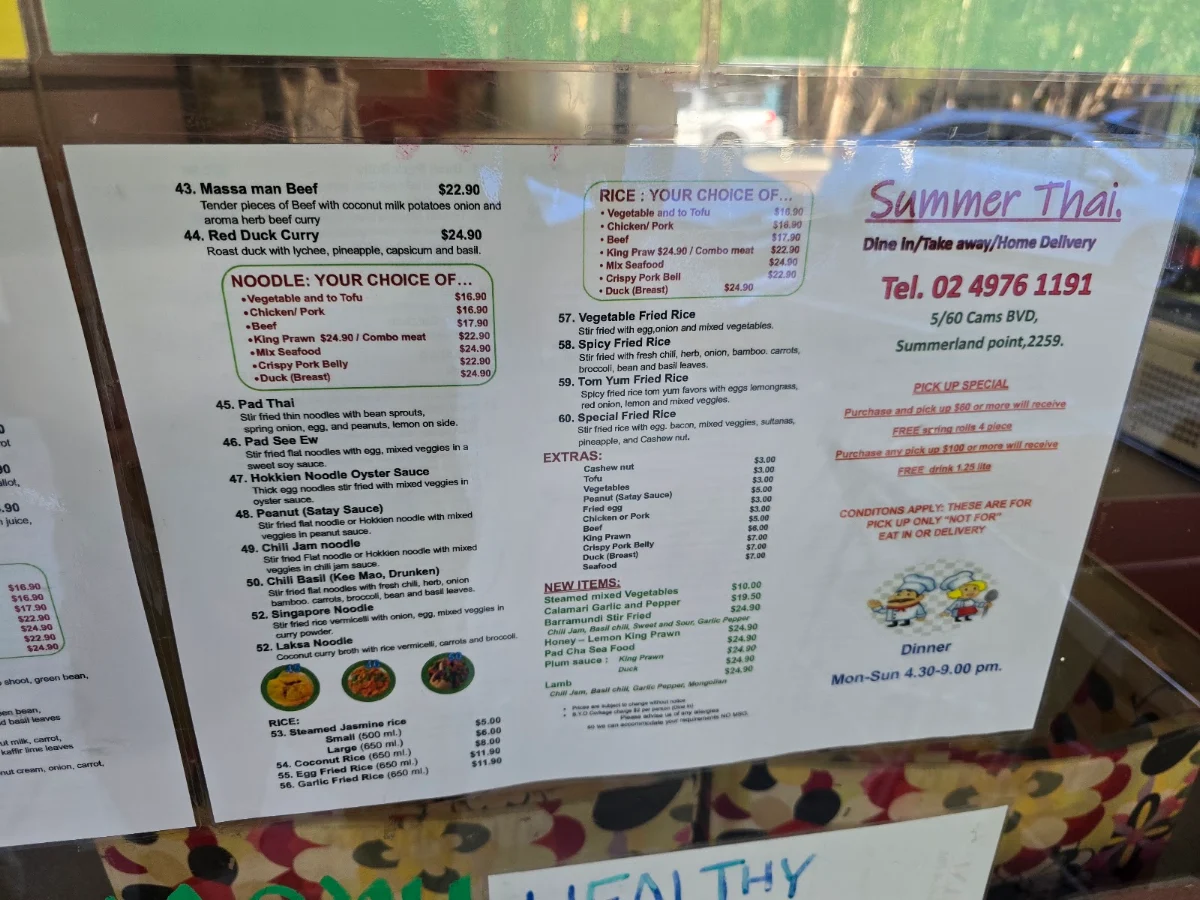 Menu, Summer Thai
