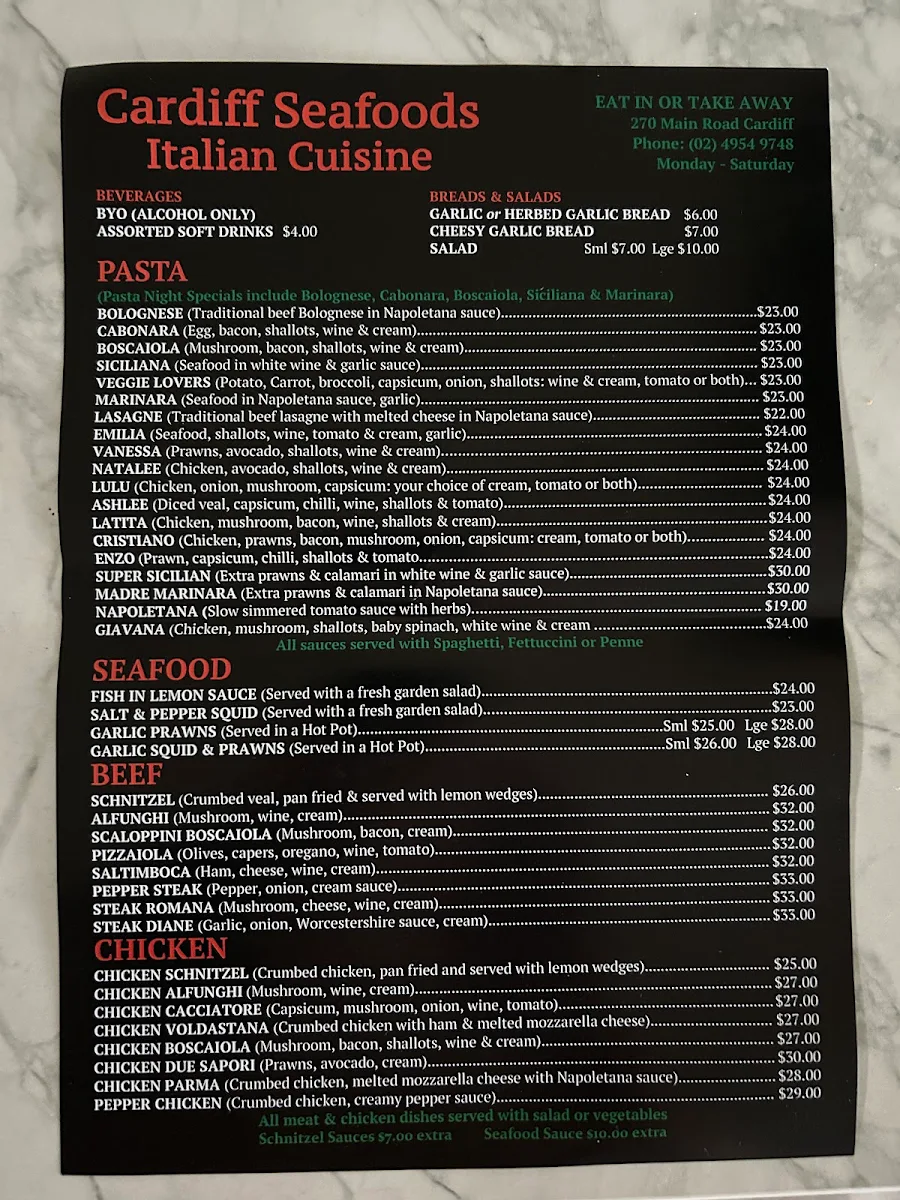Menu, Cardiff Seafood Italian Cuisine