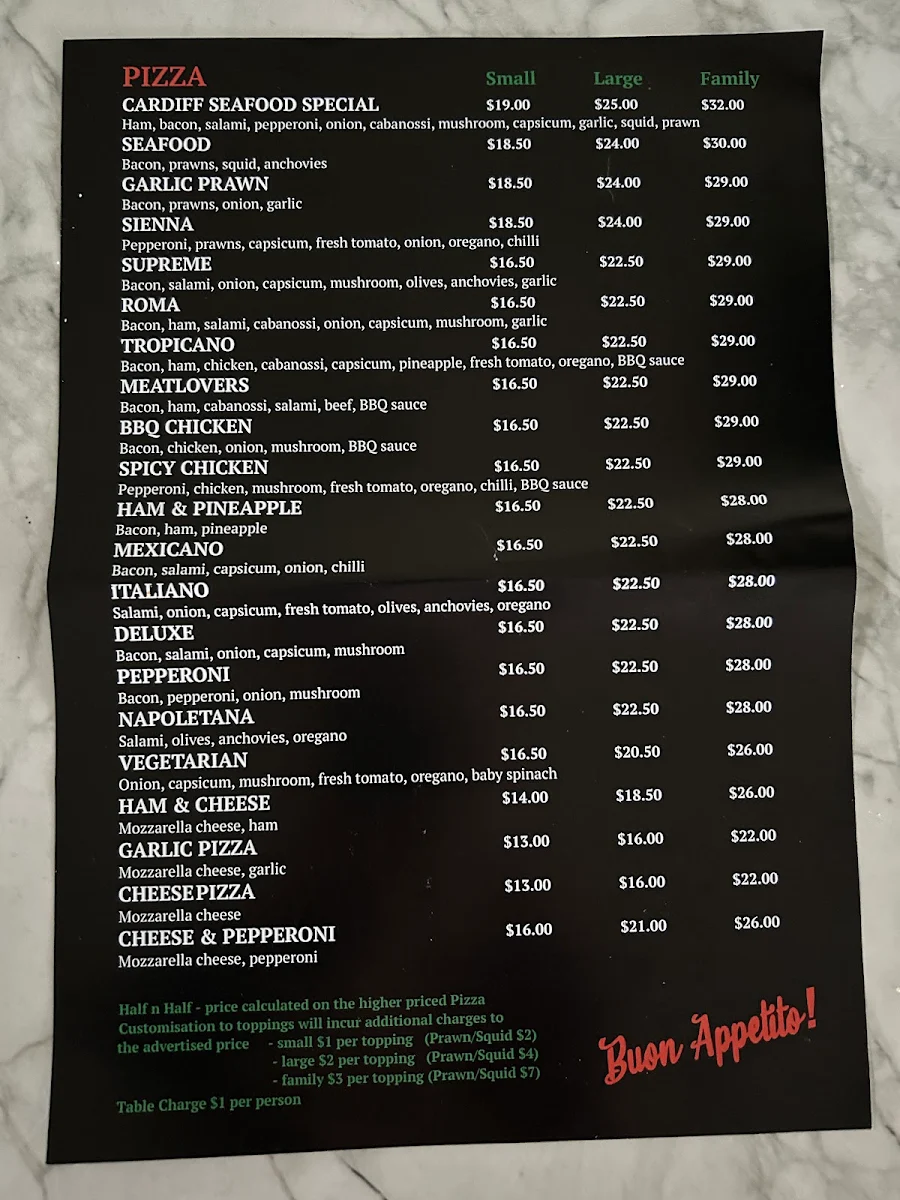 Menu, Cardiff Seafood Italian Cuisine