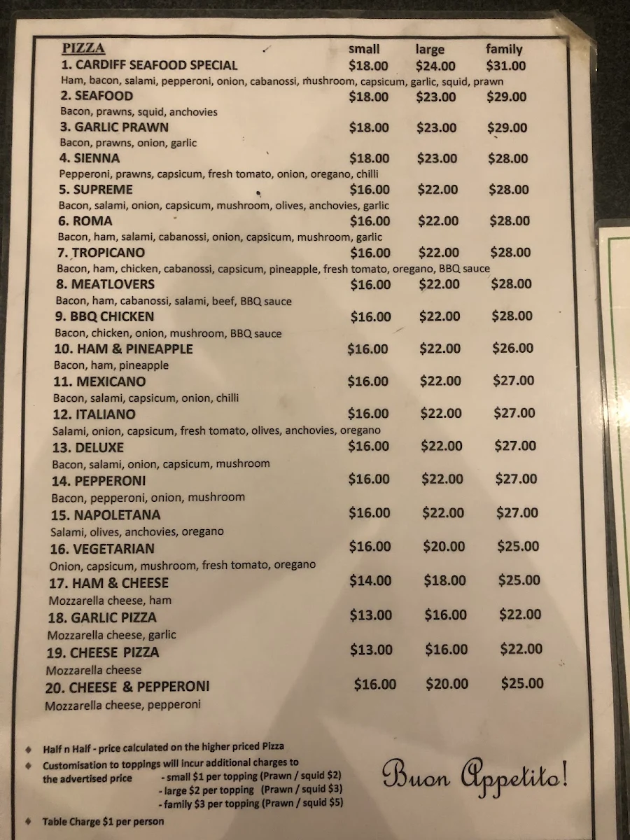 Menu, Cardiff Seafood Italian Cuisine