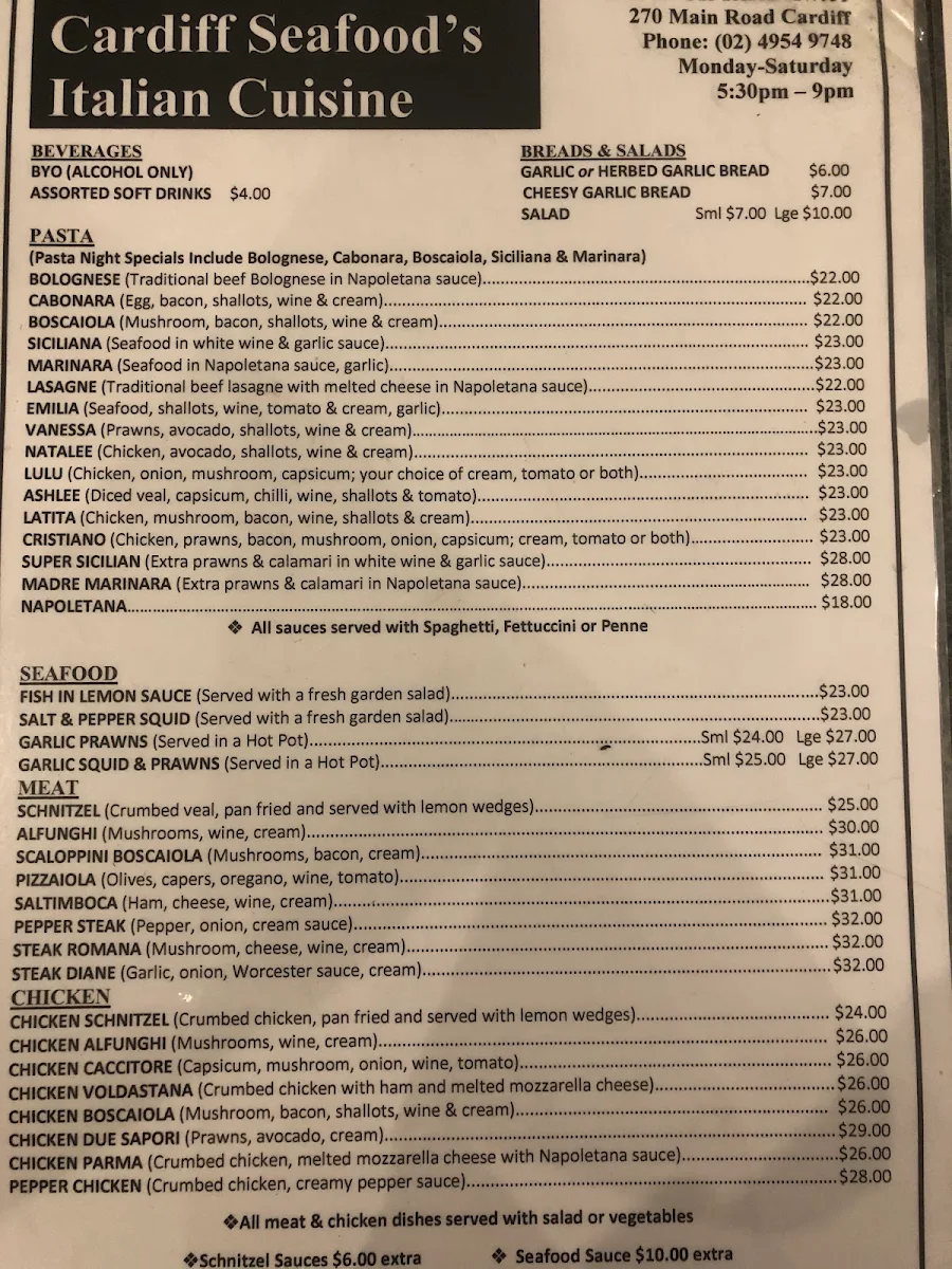 Menu, Cardiff Seafood Italian Cuisine