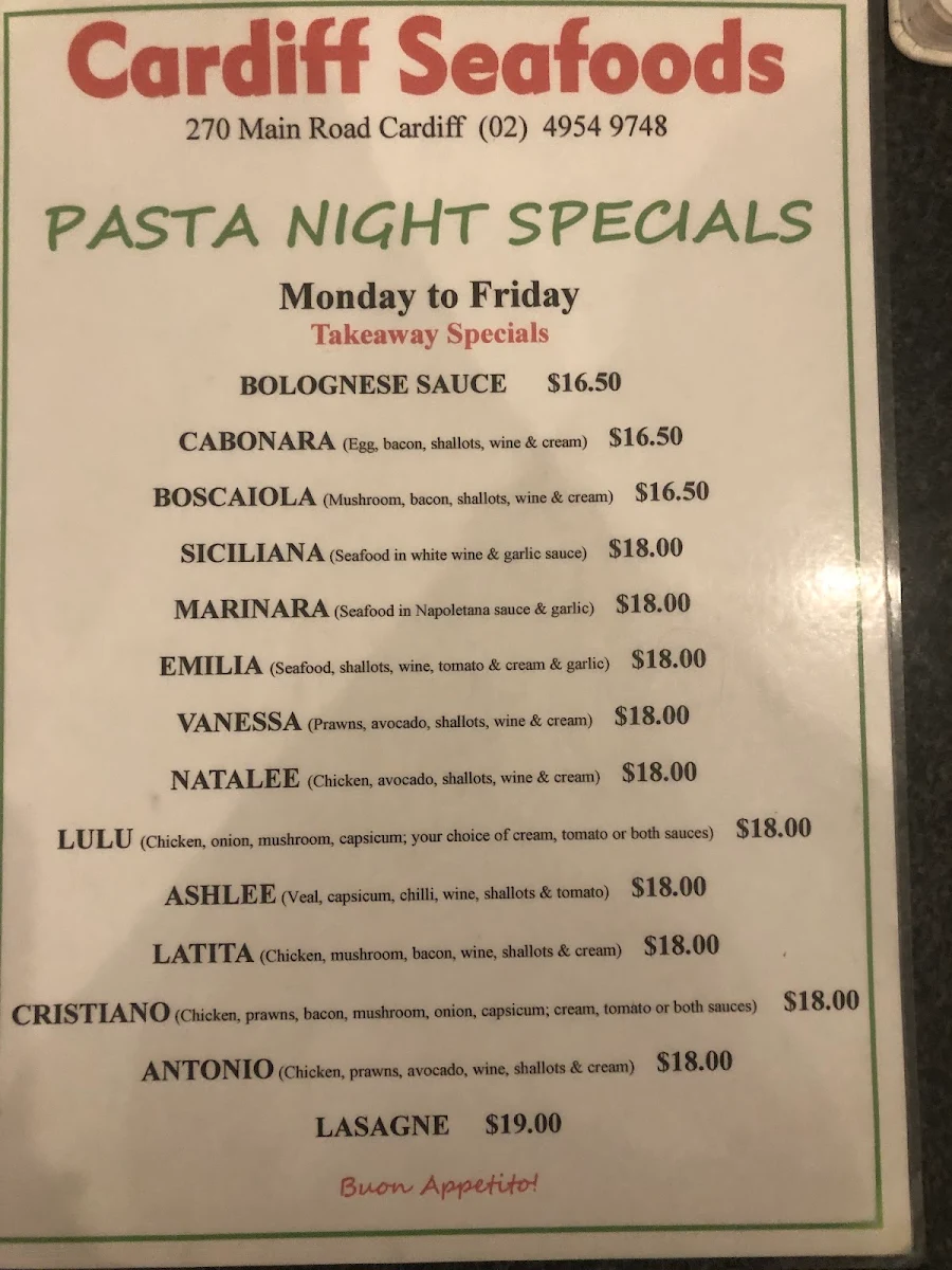 Menu, Cardiff Seafood Italian Cuisine