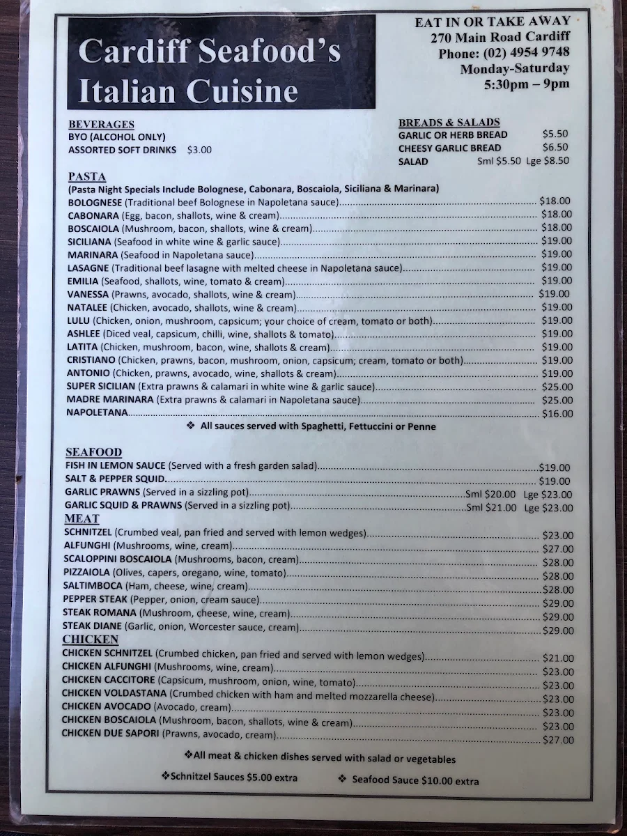 Menu, Cardiff Seafood Italian Cuisine