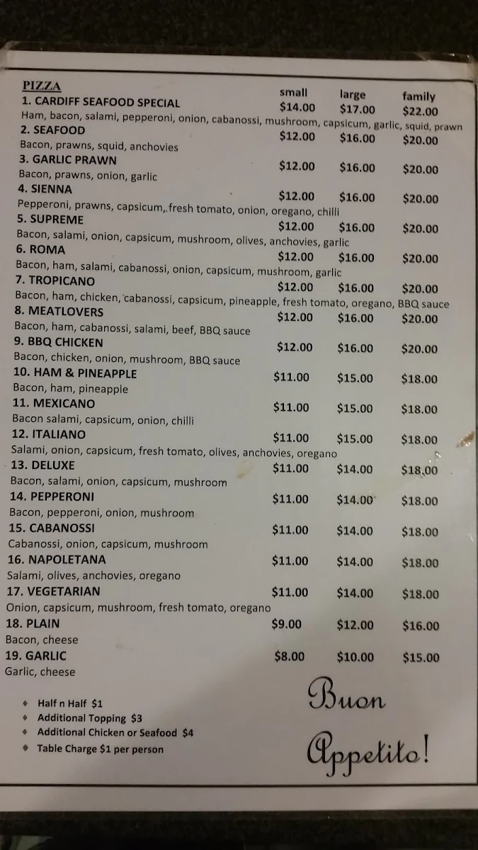 Menu, Cardiff Seafood Italian Cuisine