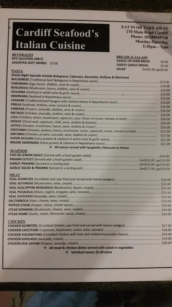 Menu, Cardiff Seafood Italian Cuisine