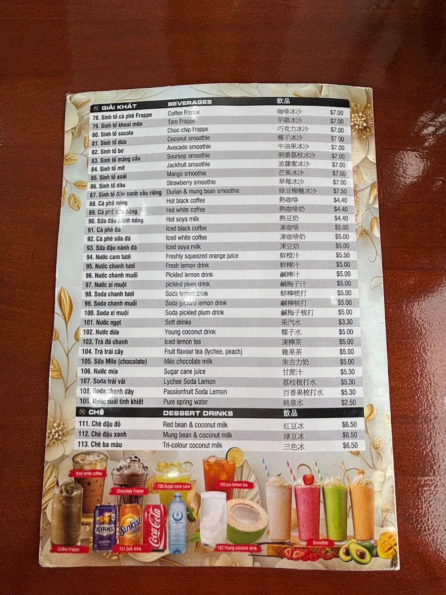 Menu, Tan Thanh Restaurant
