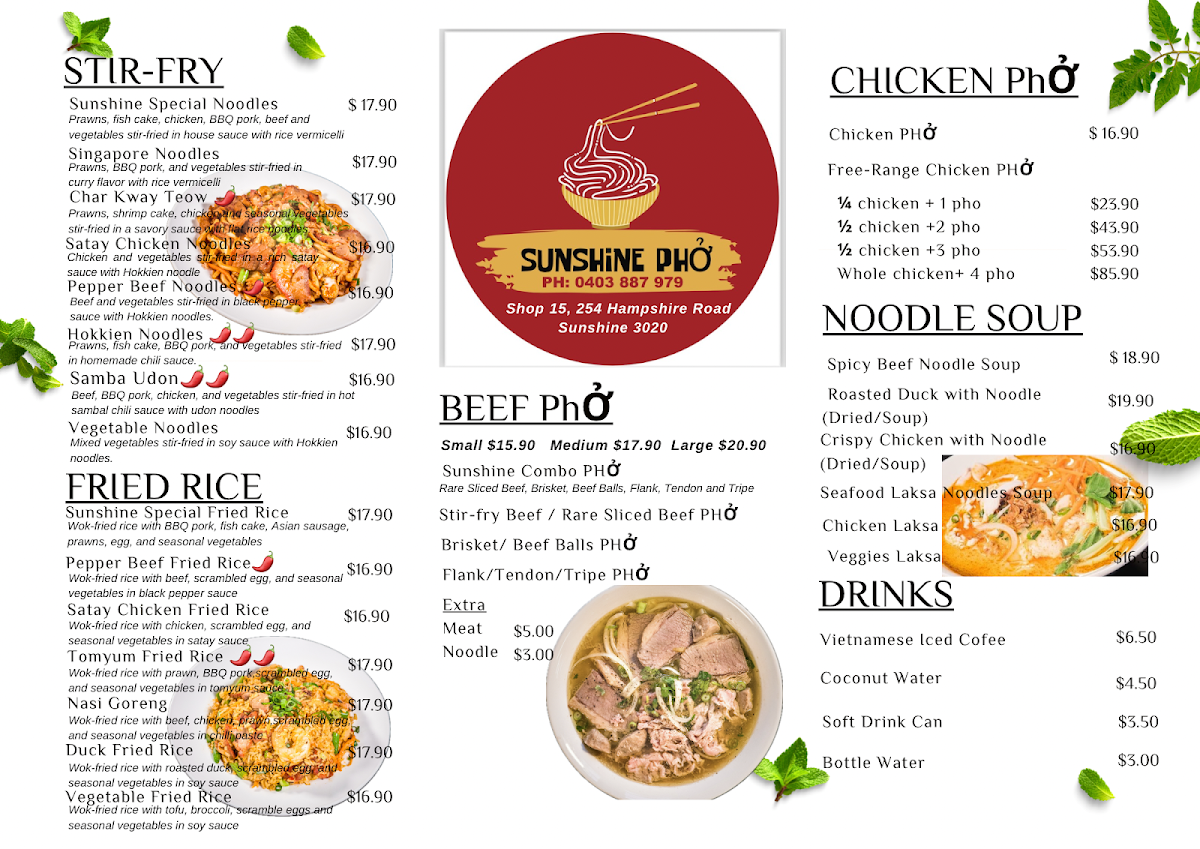 Menu, Sunshine Phở