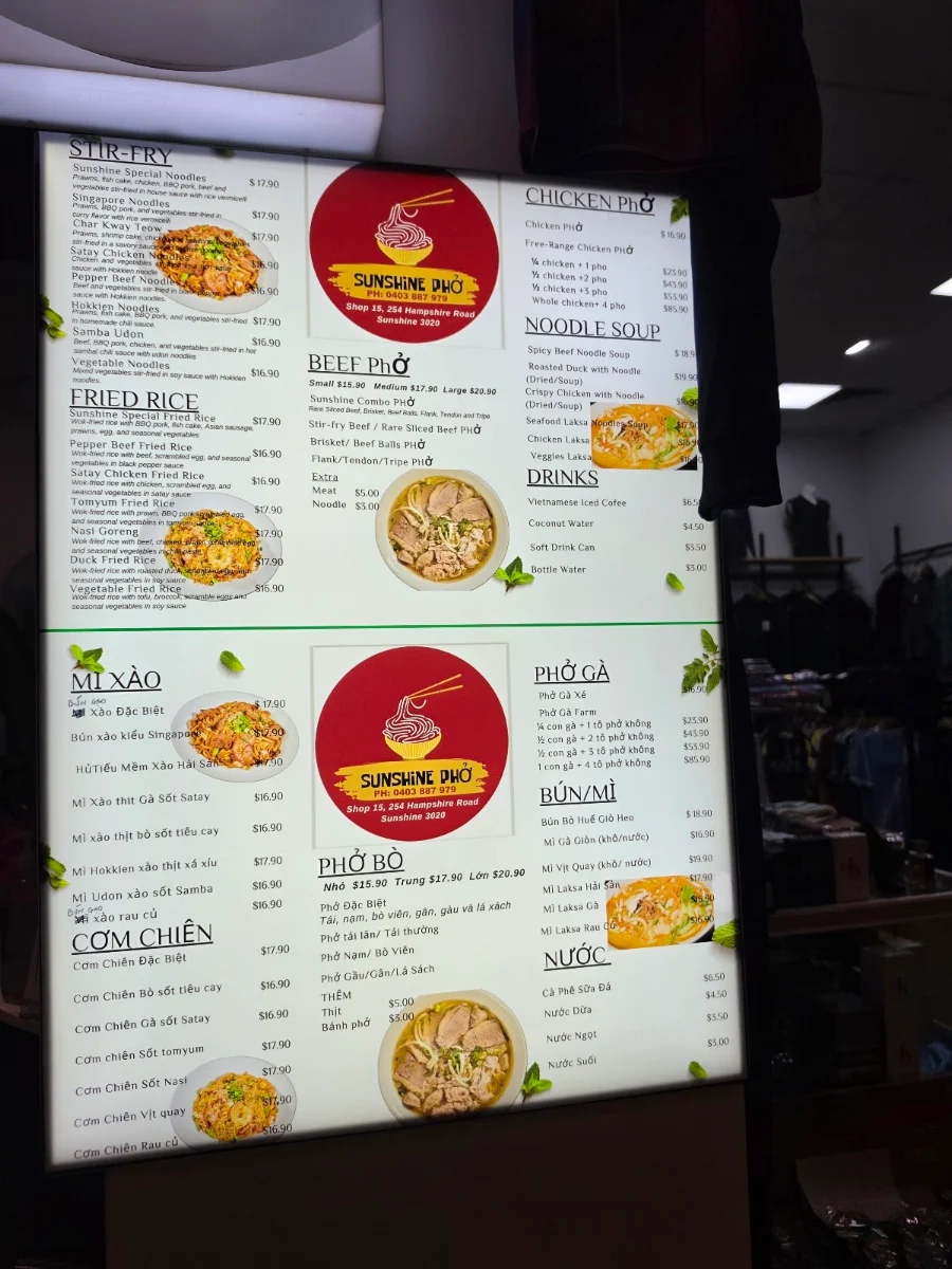 Menu, Sunshine Phở
