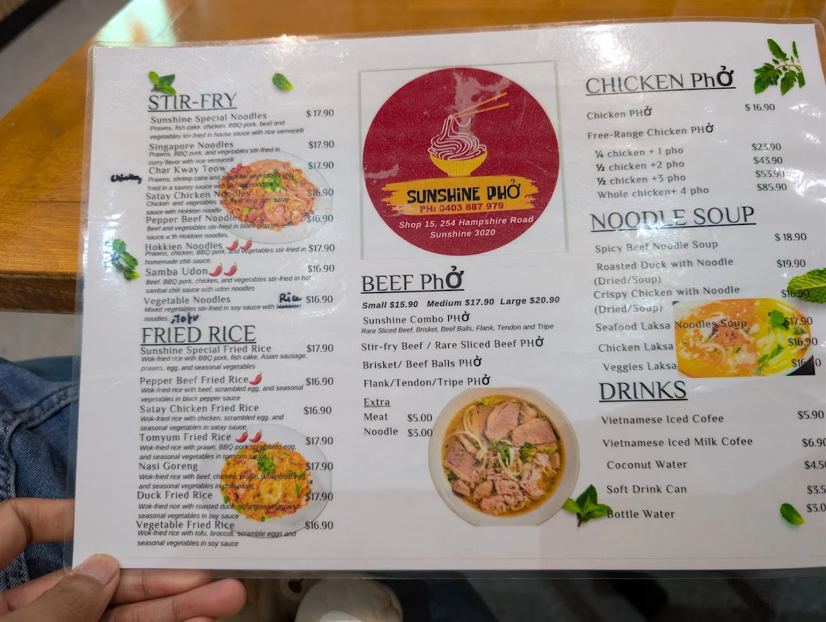 Menu, Sunshine Phở