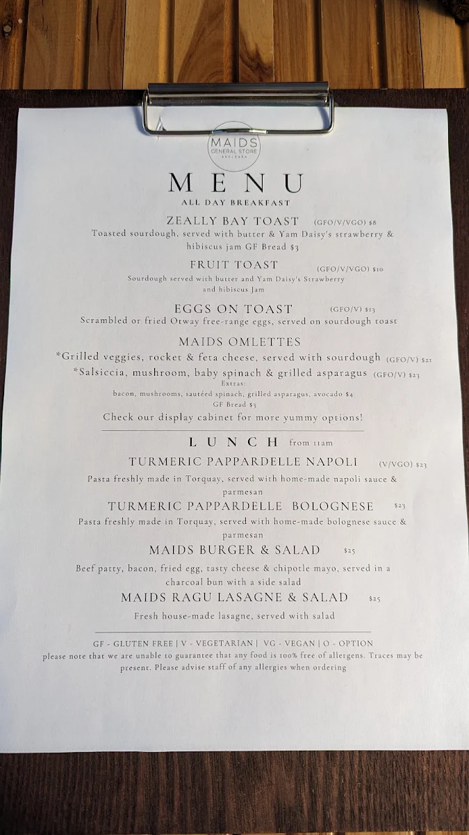 Menu, Anglesea General Store