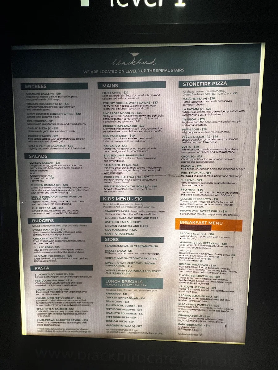 Menu, Blackbird Cafe