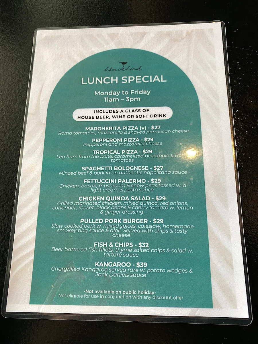 Menu, Blackbird Cafe
