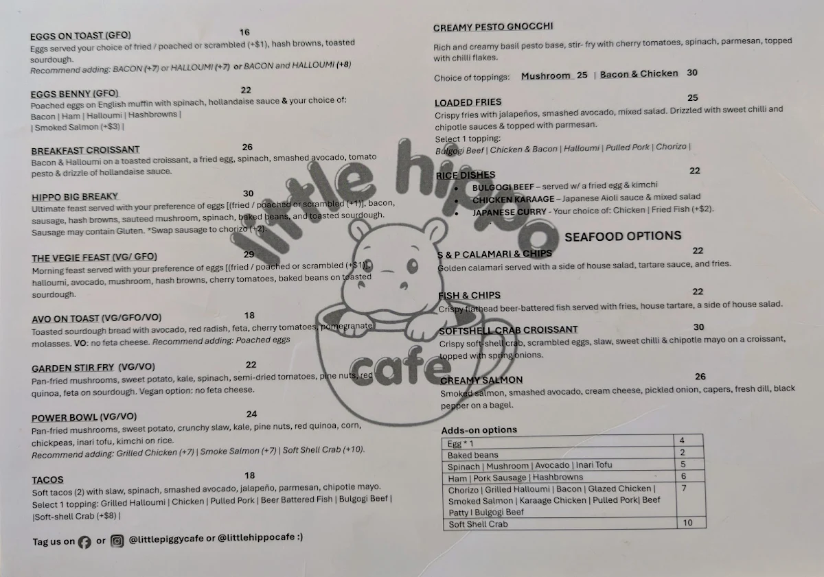 Menu, Little Hippo Cafe