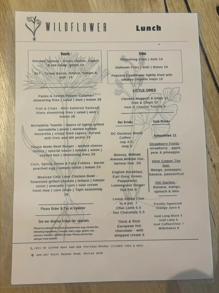 Menu, Wildflower Cafe