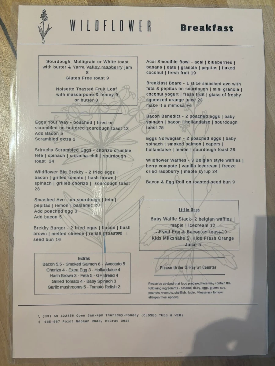 Menu, Wildflower Cafe