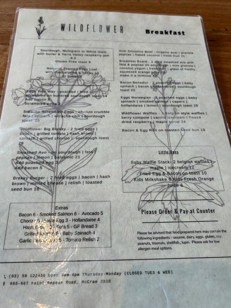 Menu, Wildflower Cafe