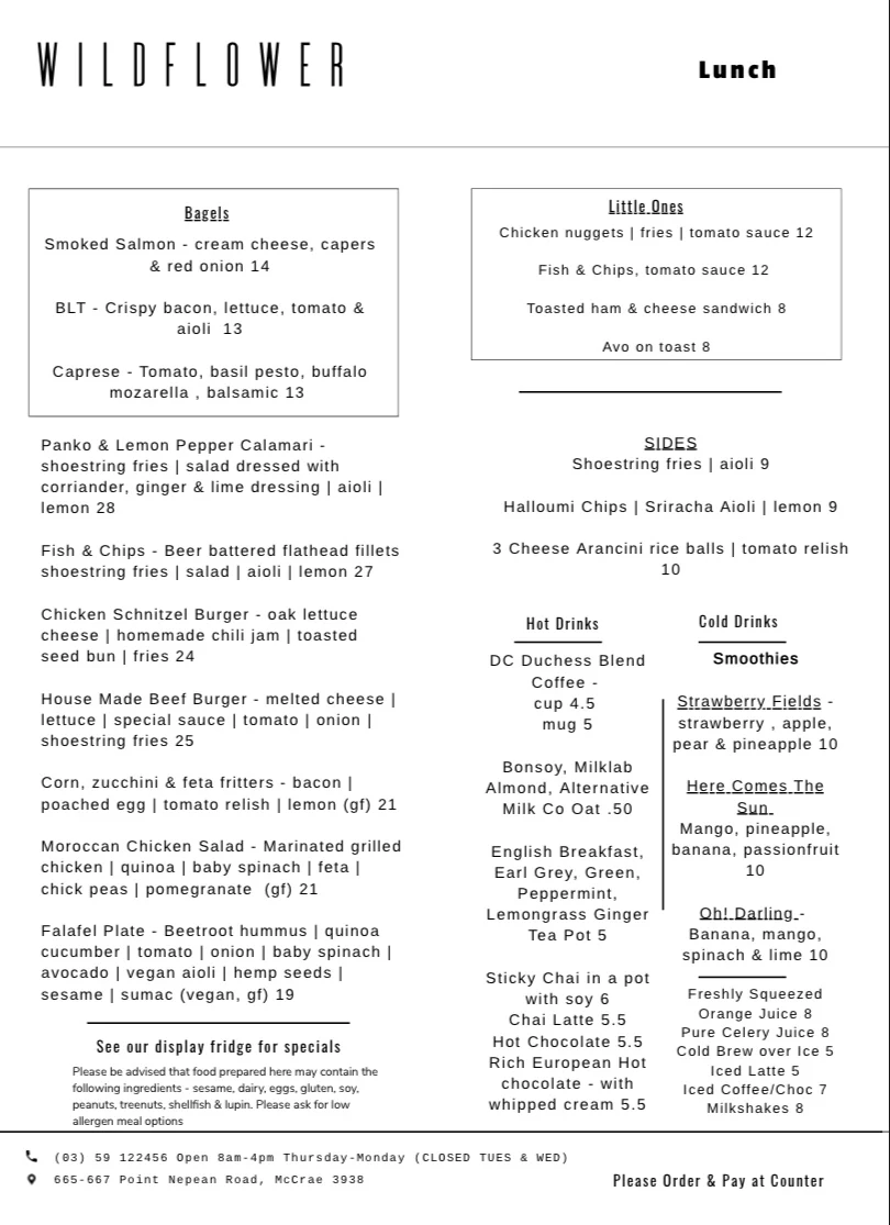 Menu, Wildflower Cafe