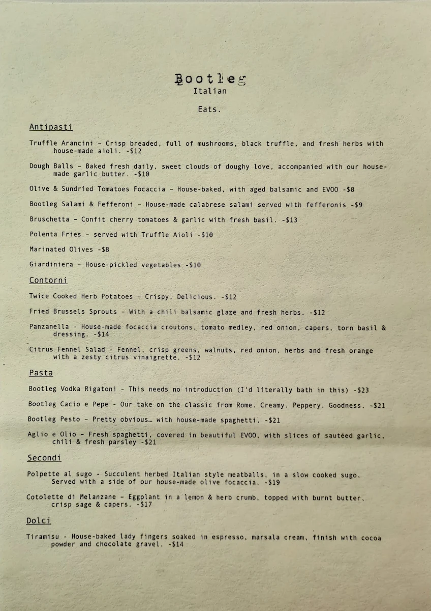 Menu, Bootleg Social Lounge