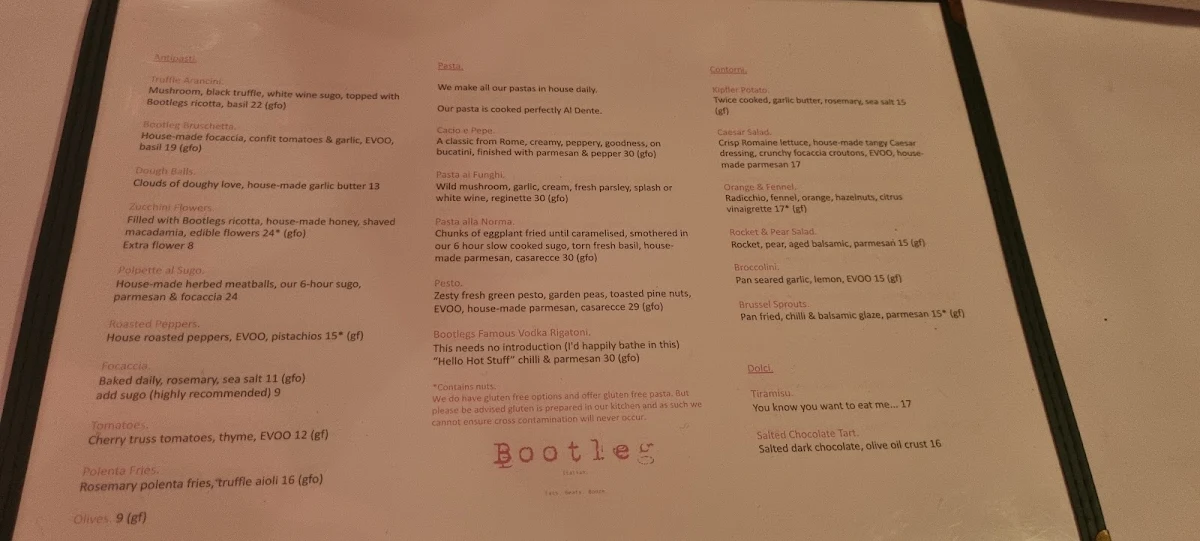 Menu, Bootleg Social Lounge