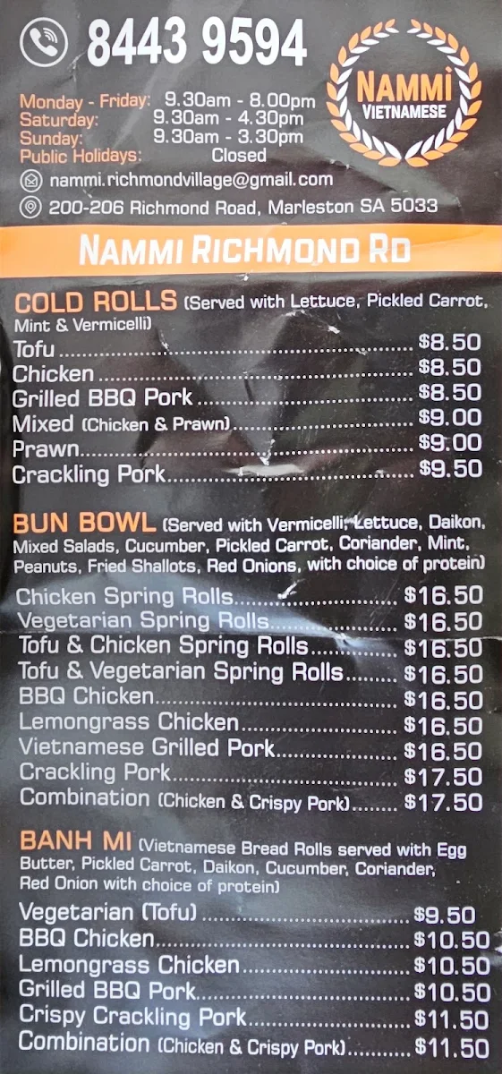 Menu, Nammi Vietnamese Richmond Village