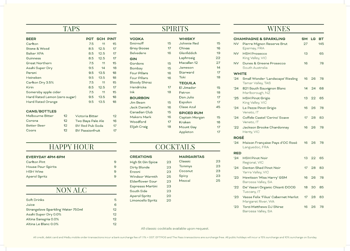 Menu, High St Hotel