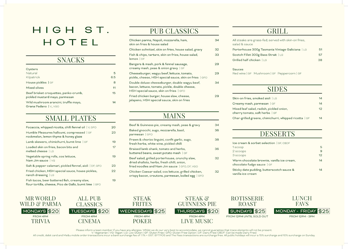Menu, High St Hotel