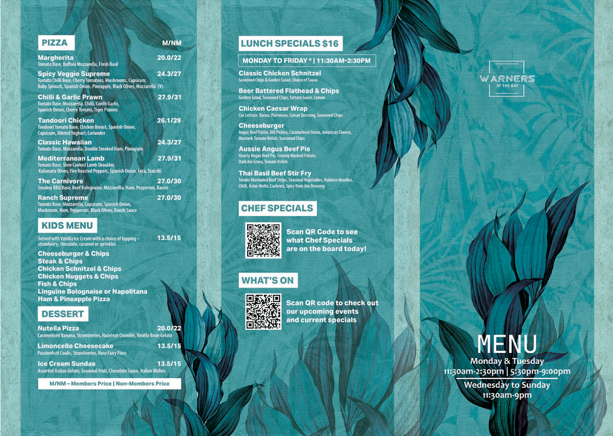 Menu, Warners At The Bay Hotel
