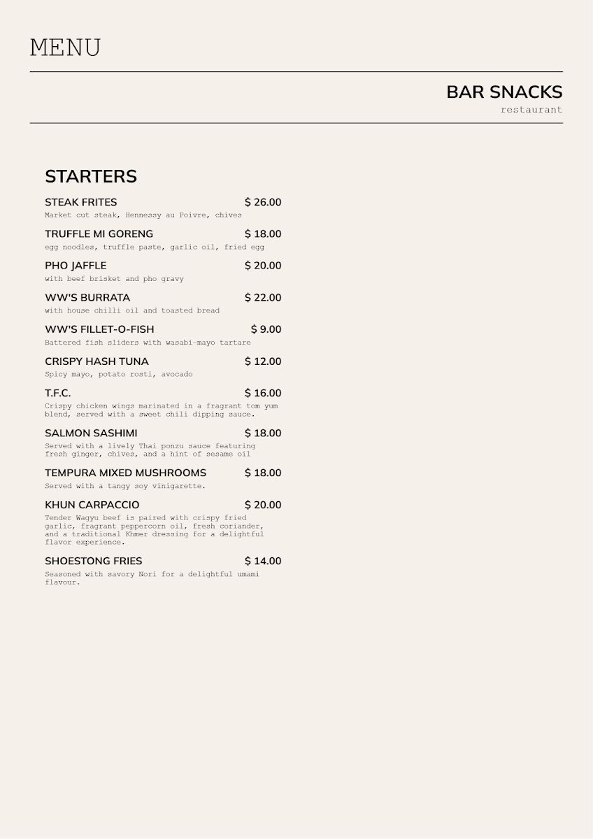 Menu, Lucky’s Beach Club