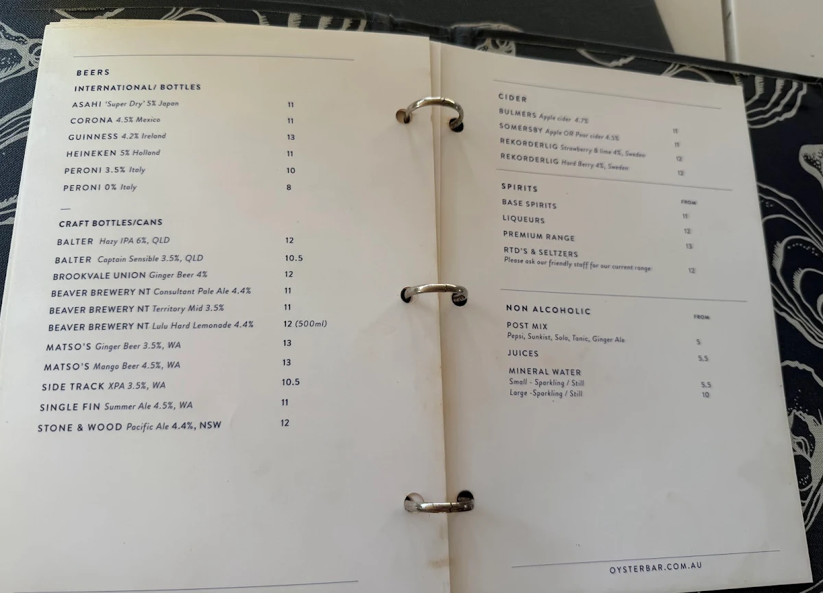 Menu, Oyster Bar