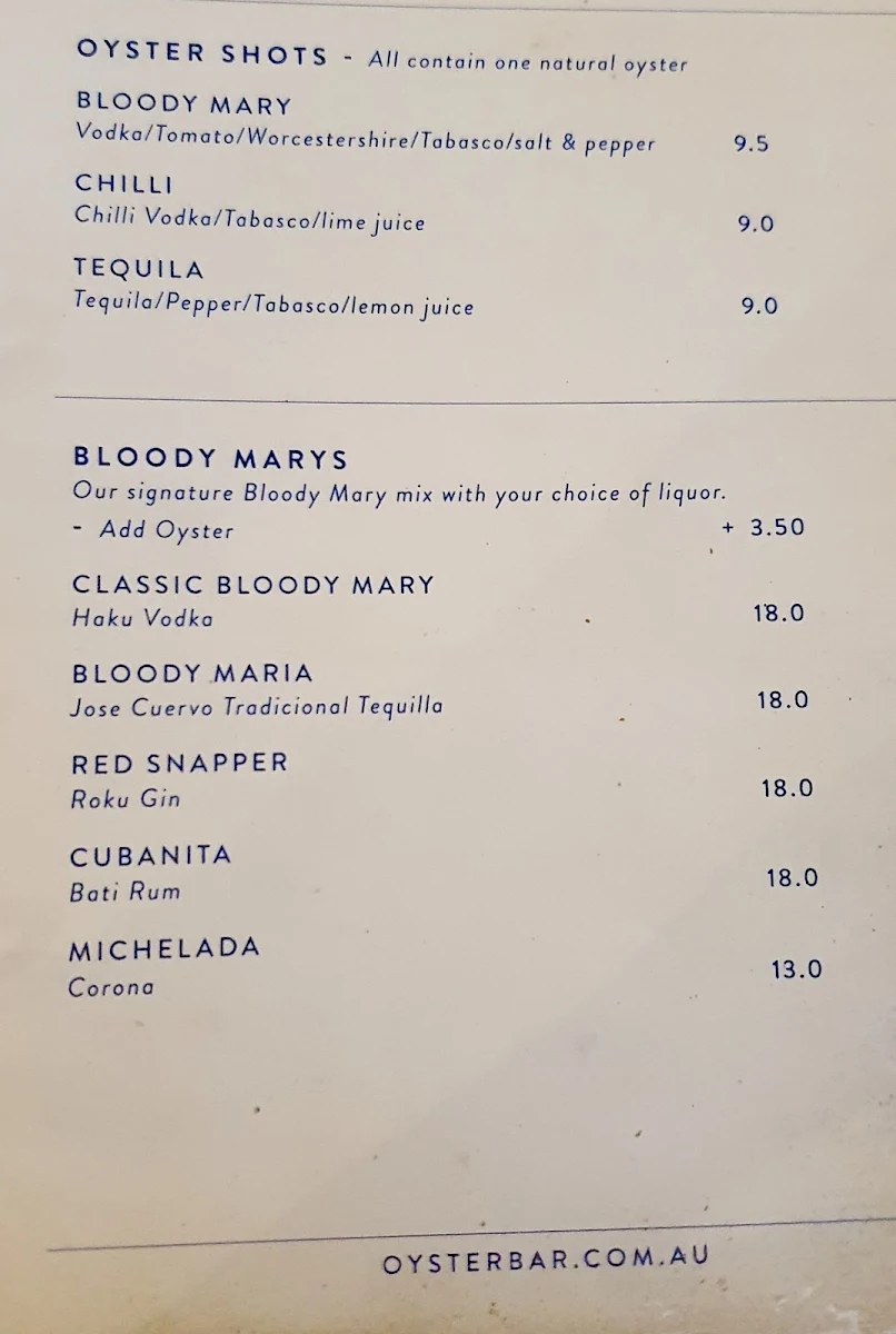 Menu, Oyster Bar