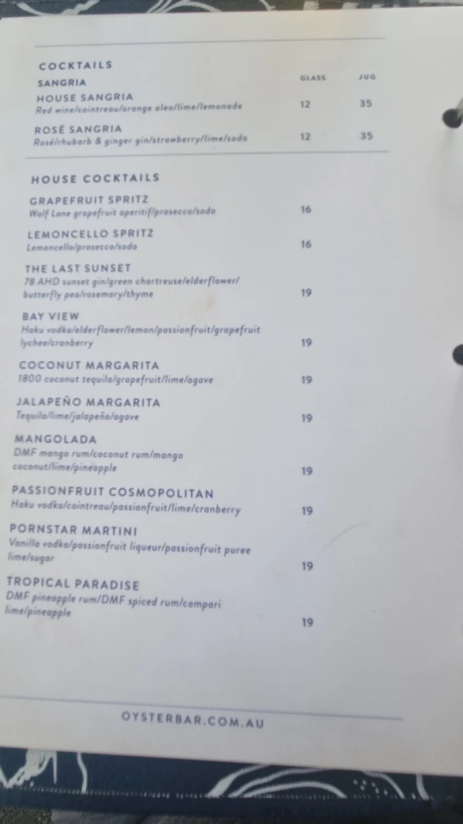 Menu, Oyster Bar