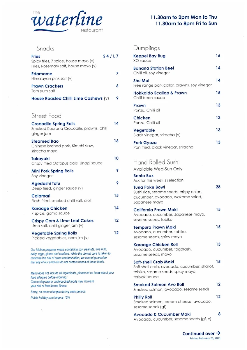 Menu, The Waterline Restaurant, Keppel Bay Marina