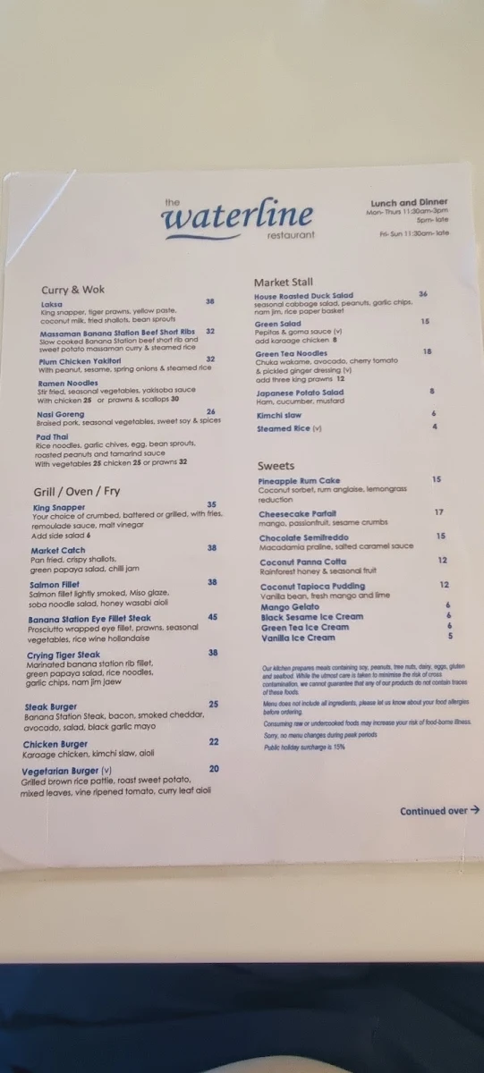 Menu, The Waterline Restaurant, Keppel Bay Marina