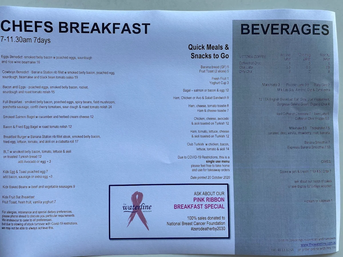 Menu, The Waterline Restaurant, Keppel Bay Marina
