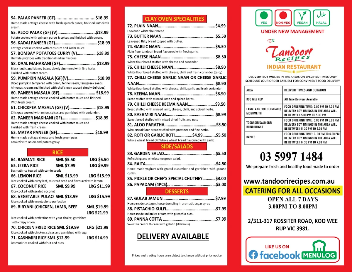 Menu, Tandoor Recipes - NEW Indian Restaurant & Catering Services