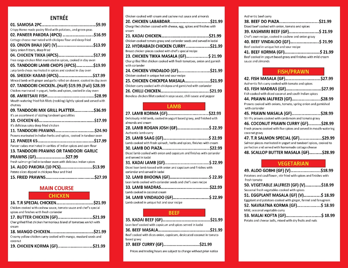 Menu, Tandoor Recipes - NEW Indian Restaurant & Catering Services
