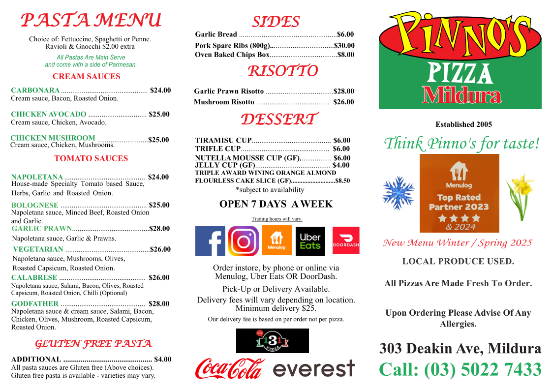 Menu, Pinno's Pizza Mildura