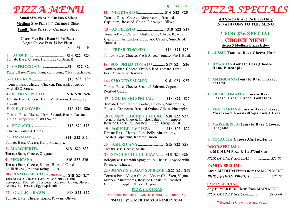 Menu, Pinno's Pizza Mildura
