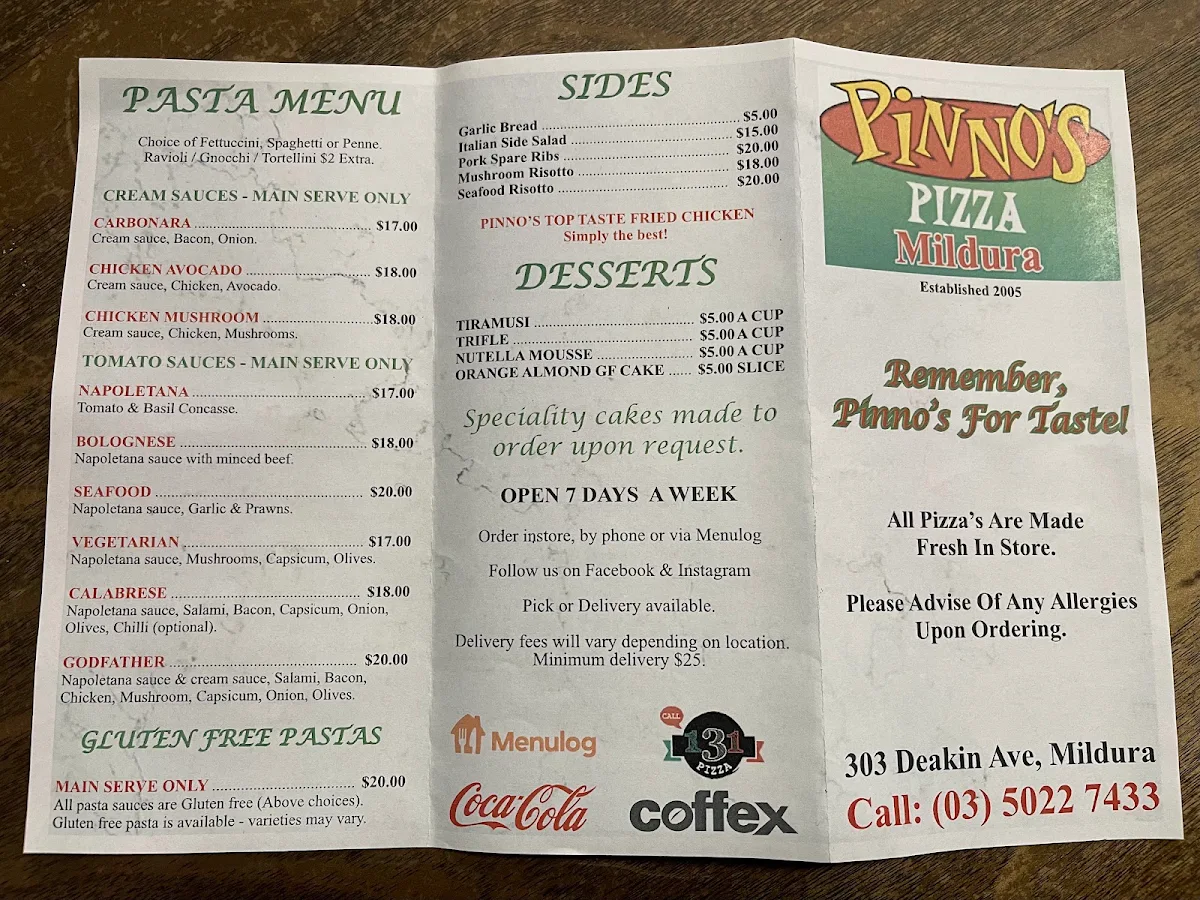 Menu, Pinno's Pizza Mildura