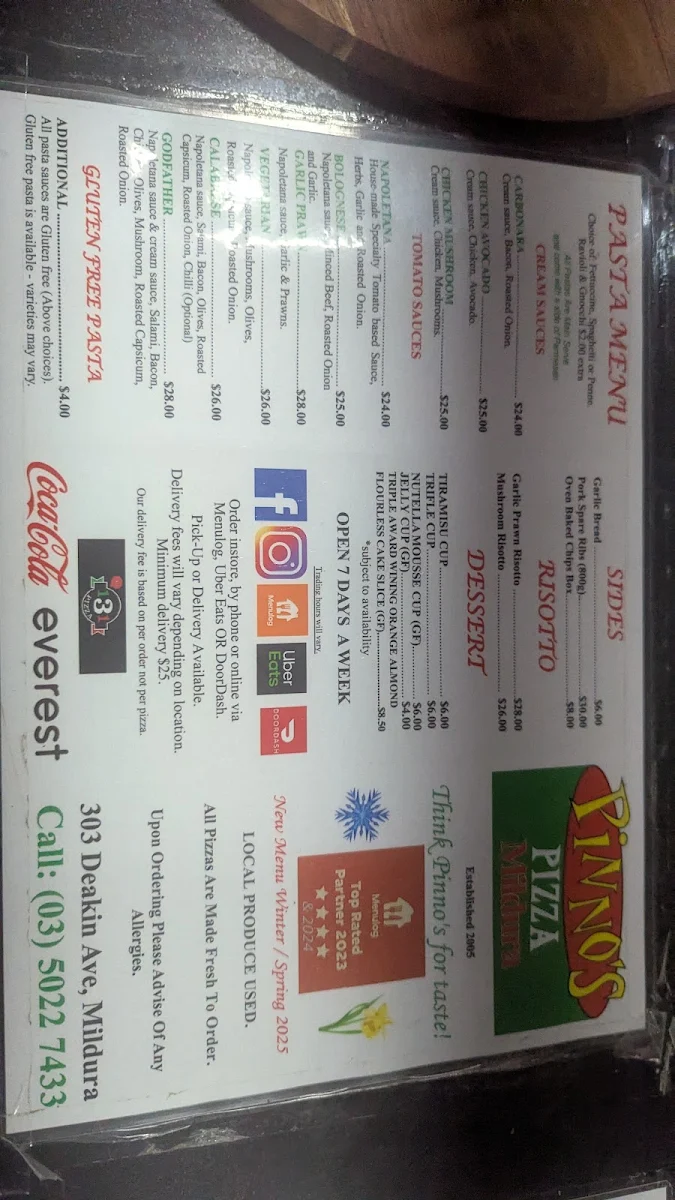 Menu, Pinno's Pizza Mildura