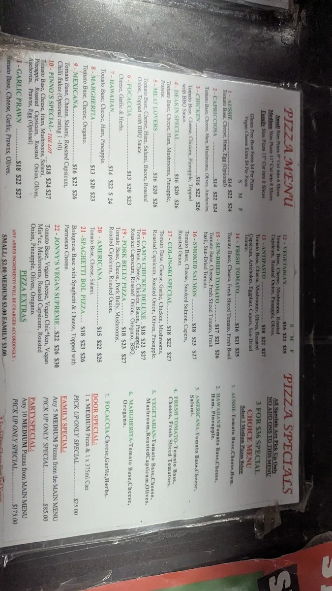 Menu, Pinno's Pizza Mildura